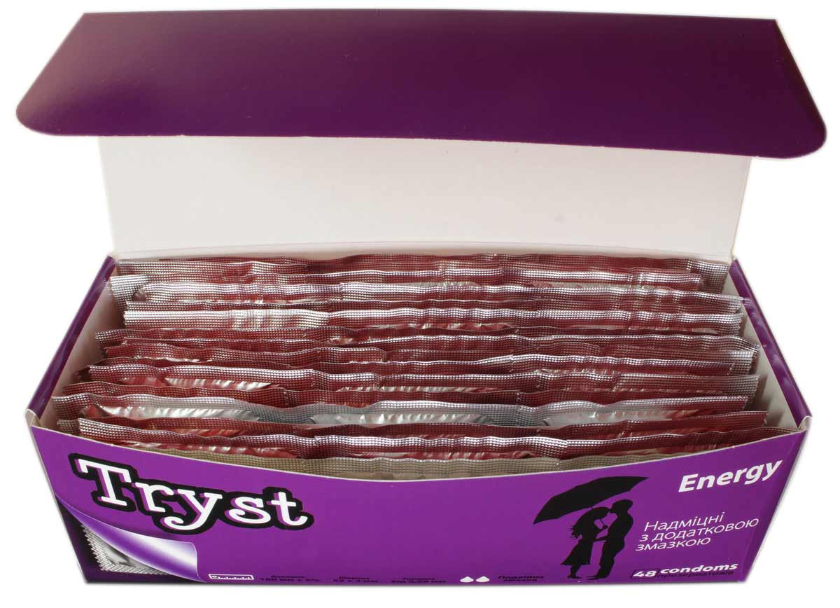 Чорна коробка TRYST Energy з жовтими та білими написами, 48 шт, надпис Extra Strong