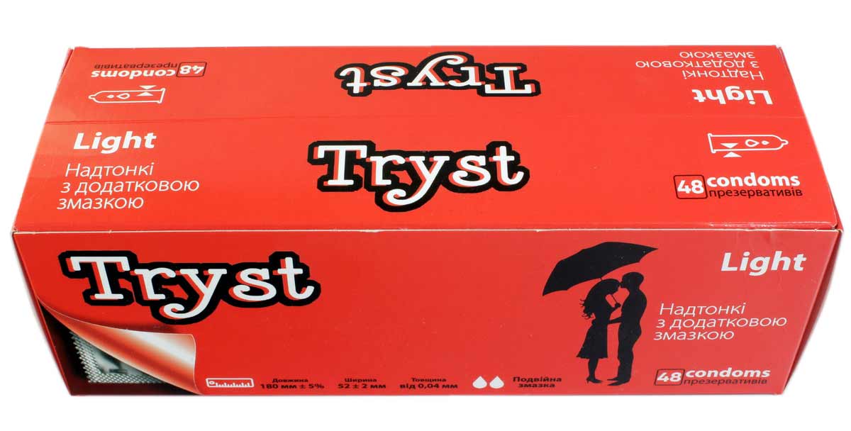 Світло-блакитна упаковка TRYST Light із написом 48 шт та позначкою ultra thin