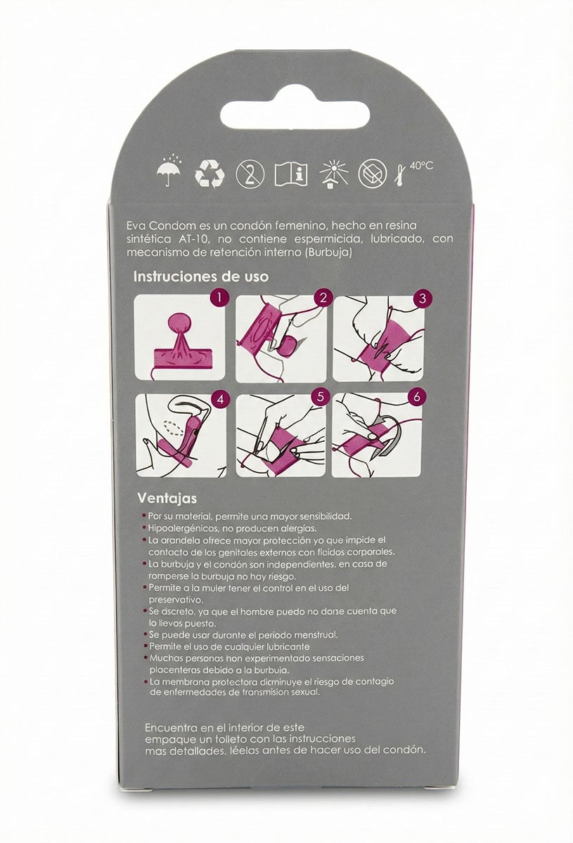 Белая коробка UNIQ Eva с розовым логотипом и надписью 3 condoms for women на светлом фоне