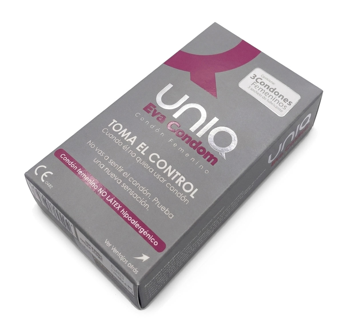 Белая коробка UNIQ Eva с фиолетовым логотипом и надписью 3 condoms на светлом фоне