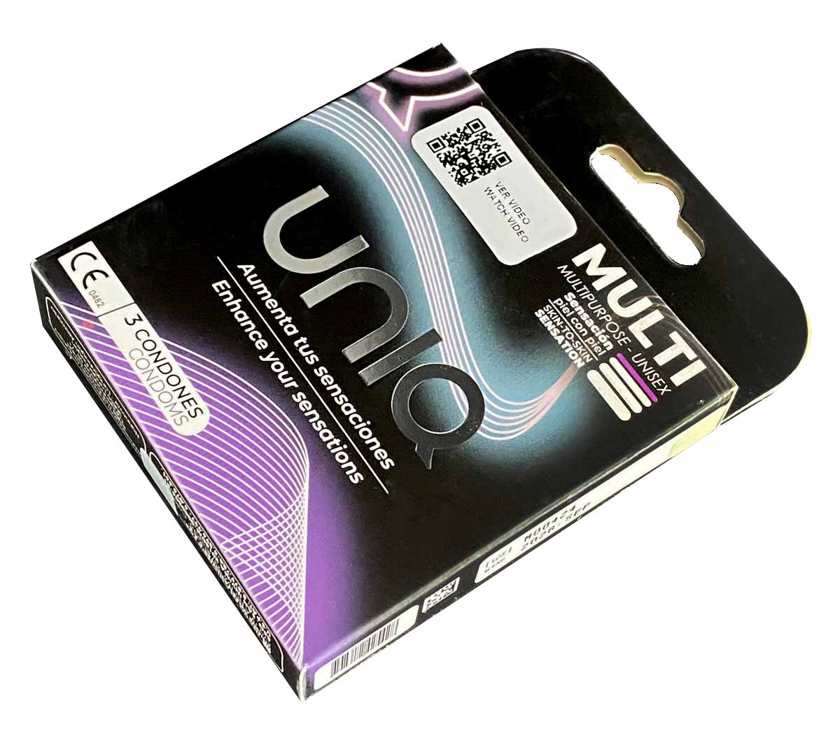 Білий фон, фіолетова упаковка UNIQ MULTI SEX із жовтим написом 3 шт