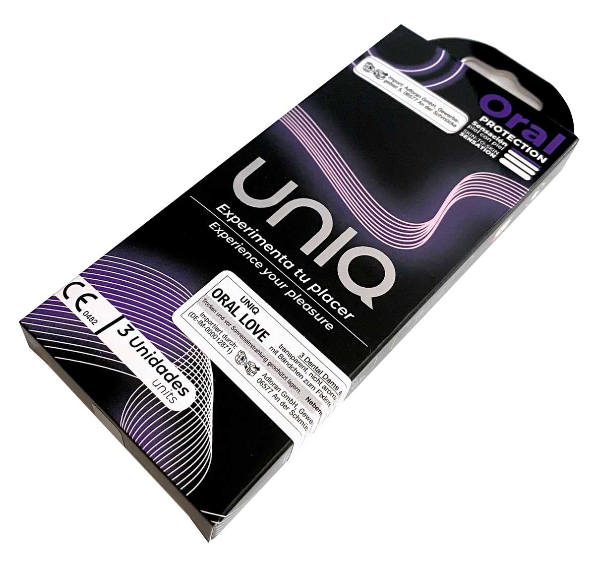 Біло-рожева упаковка безлатексних оральних масок UNIQ 3 шт з логотипом та інфо