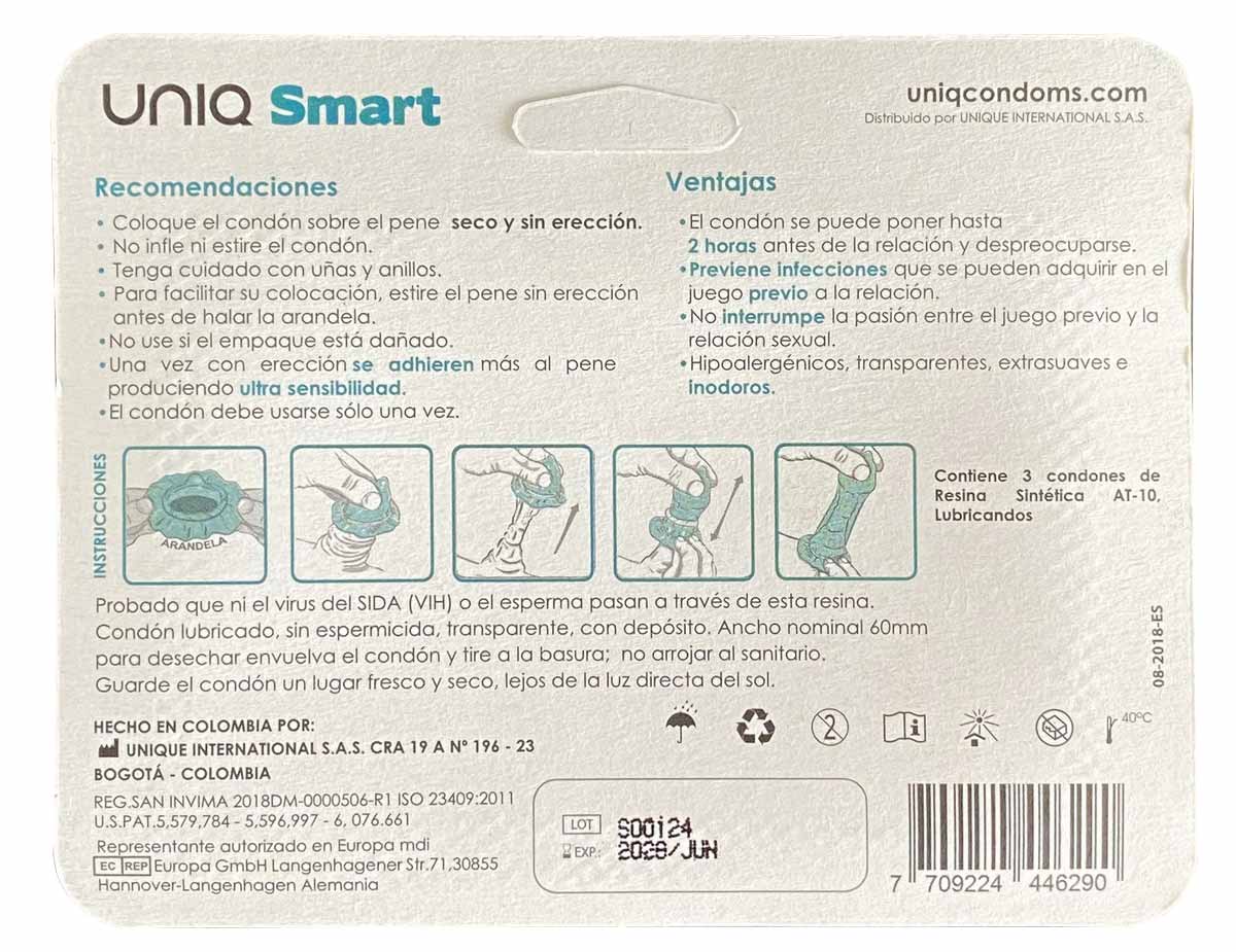 Прозрачная упаковка с синим логотипом UNIQ Smart и надписью 3 презерватива