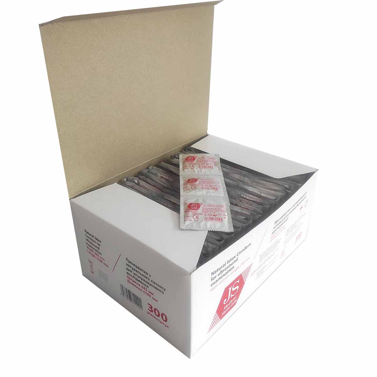 Белая коробка презервативов для УЗИ JS с синим и черным текстом, 300 штук