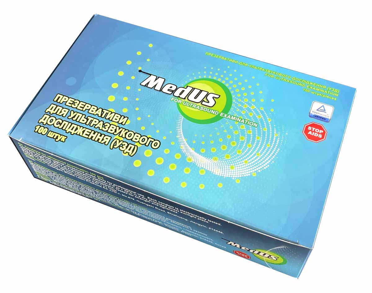 Белая коробка MedUS с синим и голубым текстом, надпись 100 шт и размер 200 мм, 42 мм