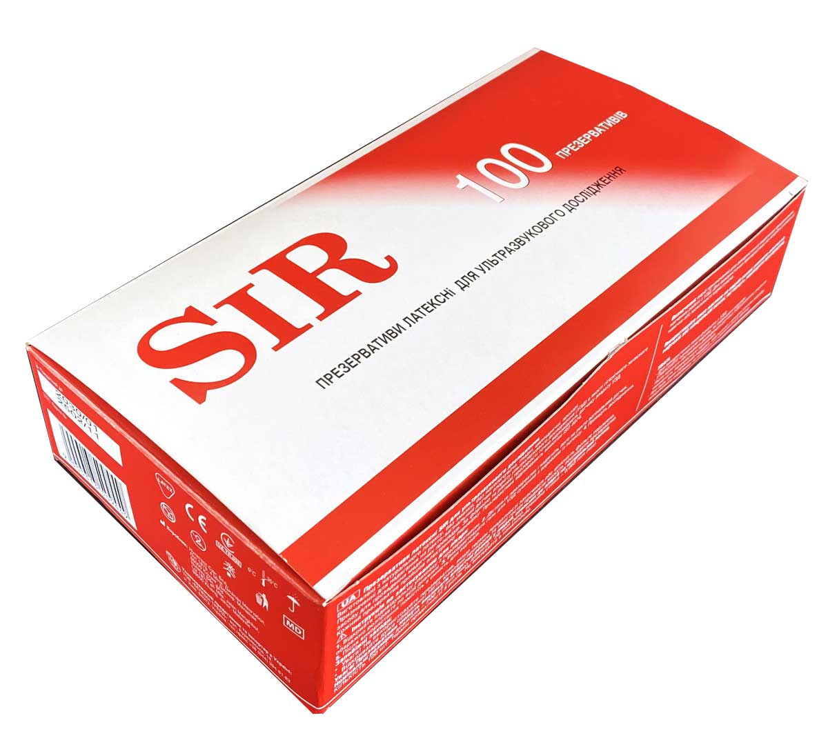 Белая упаковка SIR с синим логотипом и надписью 100 шт, 10 пачек презервативов для УЗИ