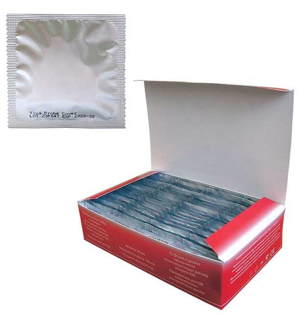 Білий фон, упаковка презервативів для УЗД VIVA 100 штук із синьо-блакитним дизайном