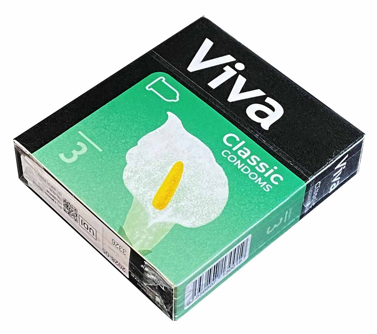 Синий фон с серебристой упаковкой Viva Classic 3 презерватива, белый текст и логотип