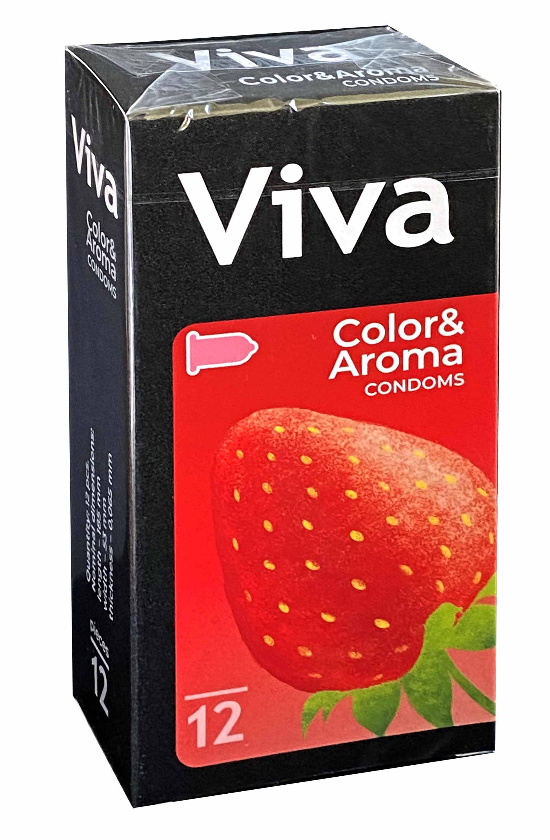 Яскрава кольорова коробка Viva Color із написом 12 ароматизованих презервативів
