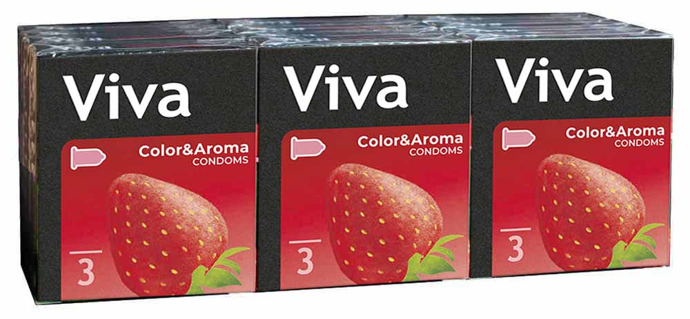 Кольорові упаковки Viva з написом Color, ароматизовані презервативи, 12 пачок по 3 шт