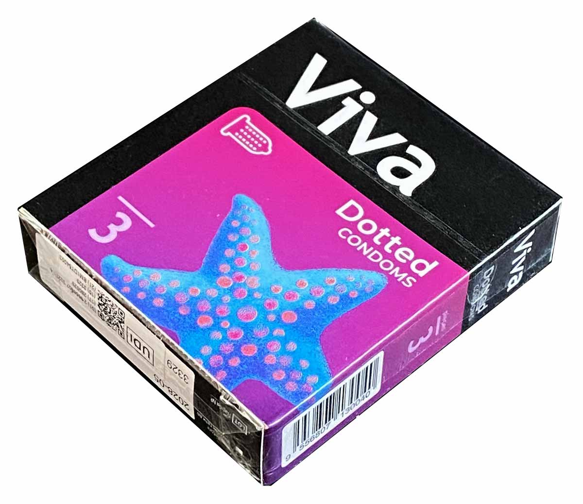 Синя коробка Viva Dotted 3 презервативи з білими точками та жовтим написом Dotted