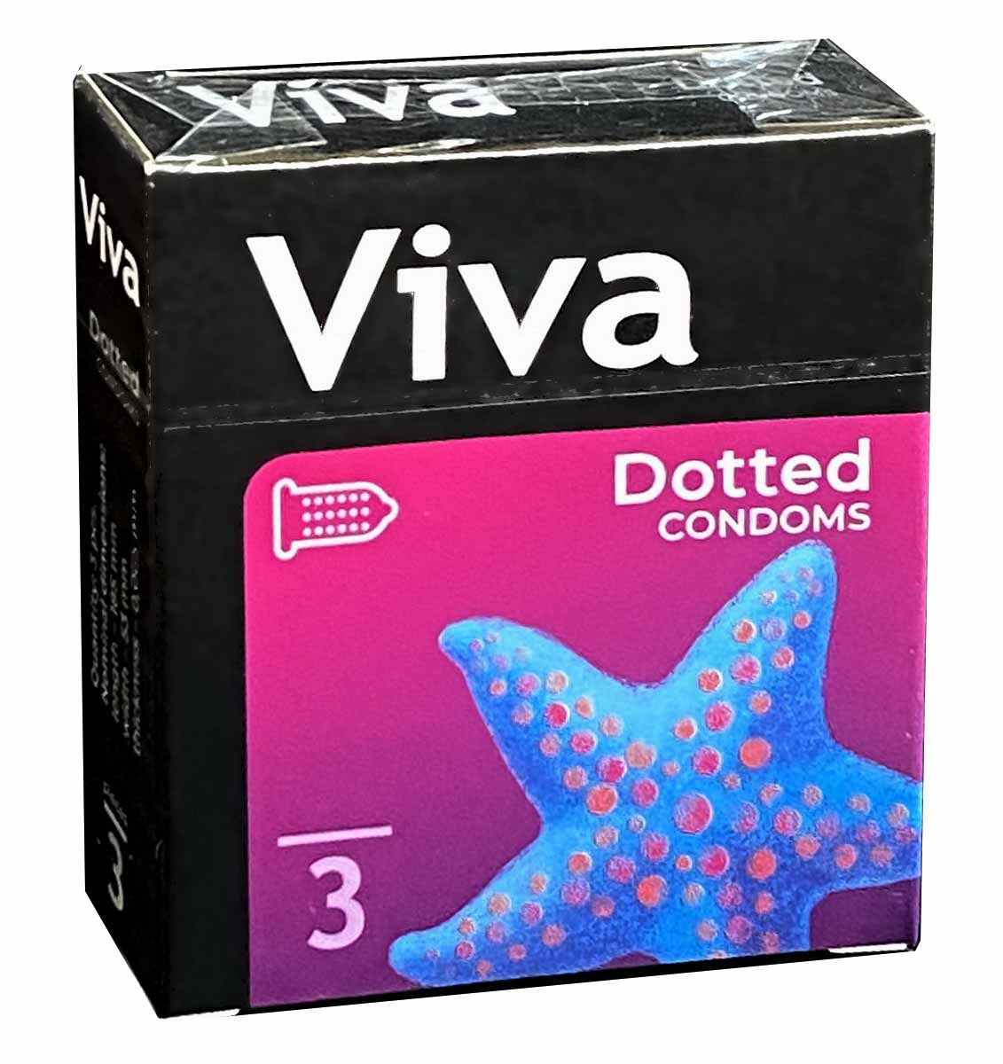 Чорні коробки Viva Dotted по 3 презервативи з жовтим і білим дизайном, усього 12 пачок