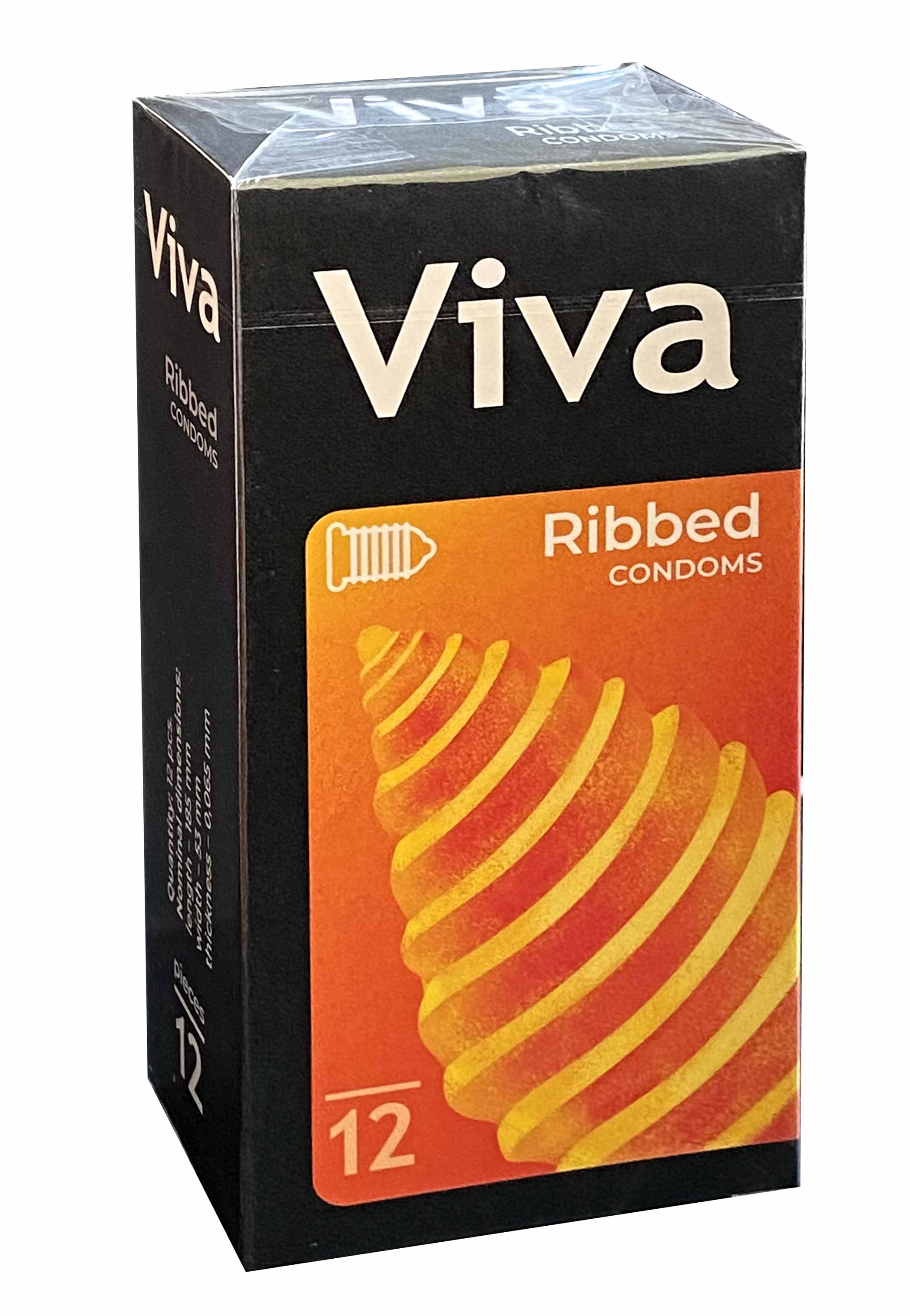 Чорні коробки Viva Ribbed із жовтим написом Ribbed, 48 презервативів у чотирьох пачках