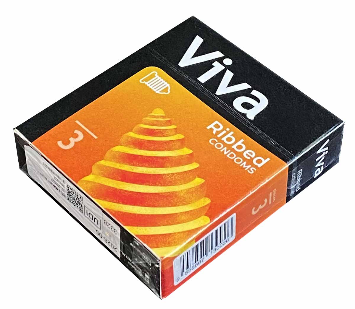 Синя картонна упаковка Viva Ribbed з жовтими хвилями та написом Ribbed 3 condoms