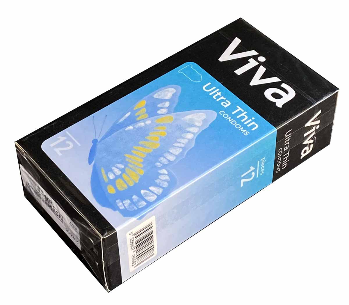 Синя картонна упаковка Viva Ultra з написом Ultra Thin 12 шт, сріблястий логотип